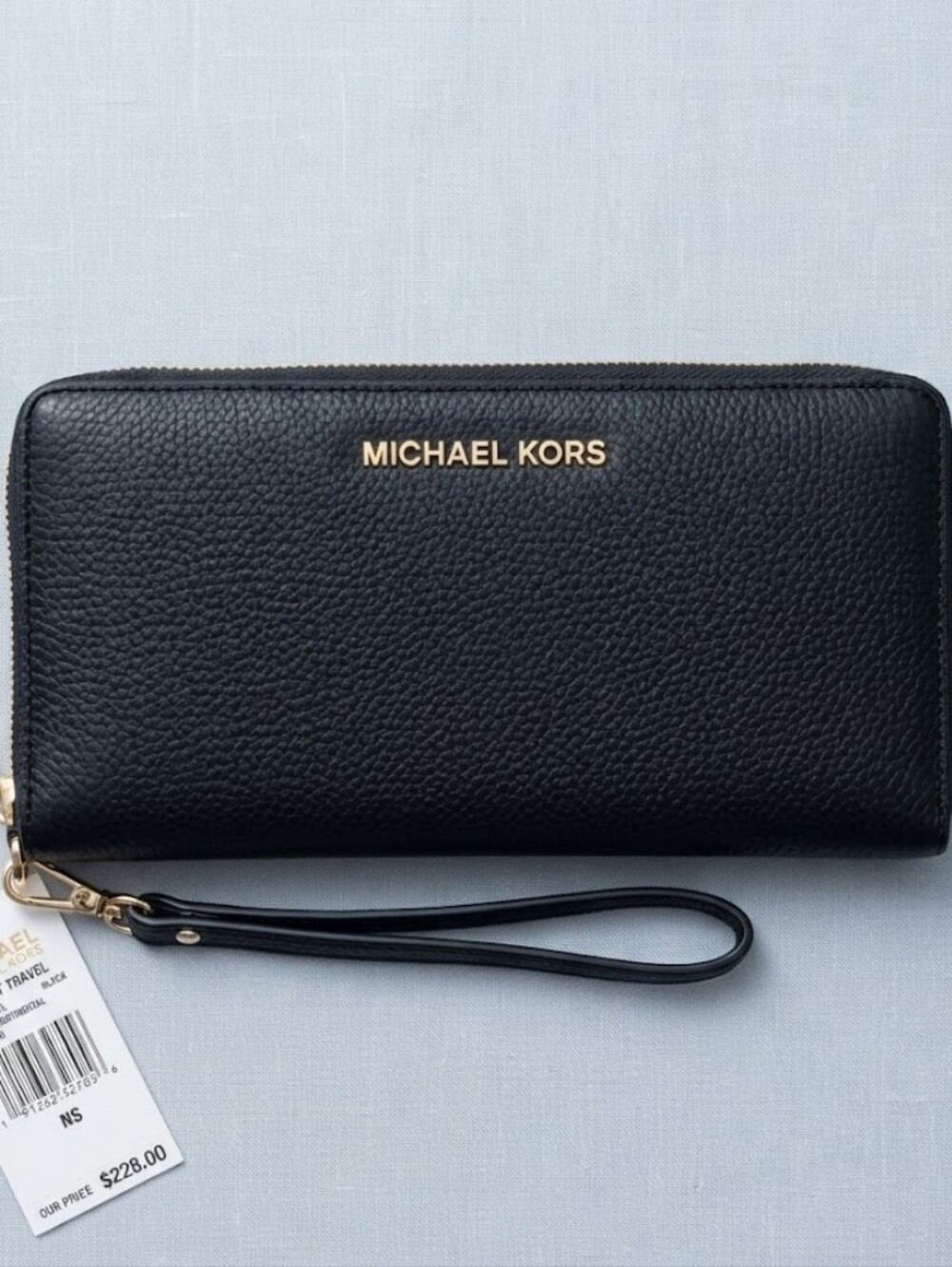 Michael Kors Black Pebbled Leather Wristlet Wallet with Gold Logo